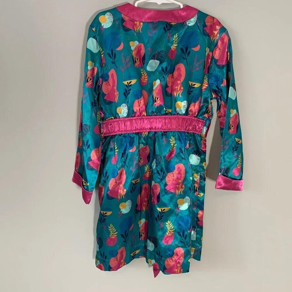 5/$25 Disney Robe Kids Size 5/6 Teal Pink Abstract‎ Floral Satin Wrap Loungewear